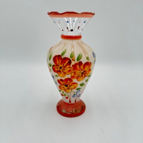 Tracy Porter Hand Painted Clear Blown Glass Bud Vase Floral Flowers Ruffled Edge - Picture 1 of 10